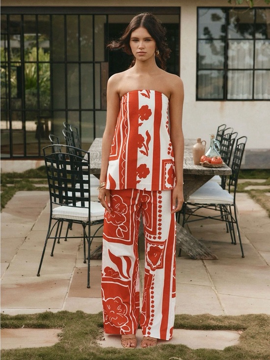 Sabo Skirt Pants - Sabo Skirt Red & White Strapless Wide-Leg Set
